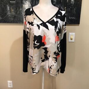 DKNY Black Floral Front Oversized Long Sleeve Top-No Size Tag See Measurements